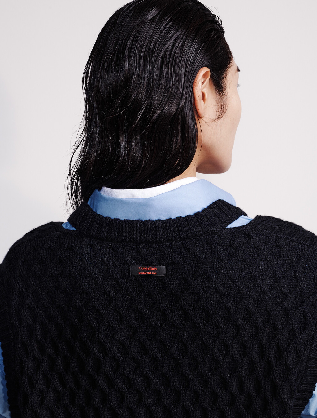 Merino Wool Cable Knit Relaxed Vest, Black, hi-res