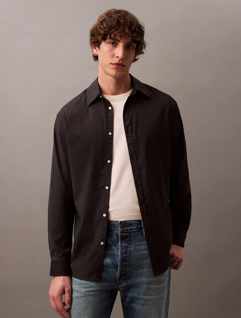 Relaxed Wool Blend Button-Down Shirt, Charcoal Heather, hi-res