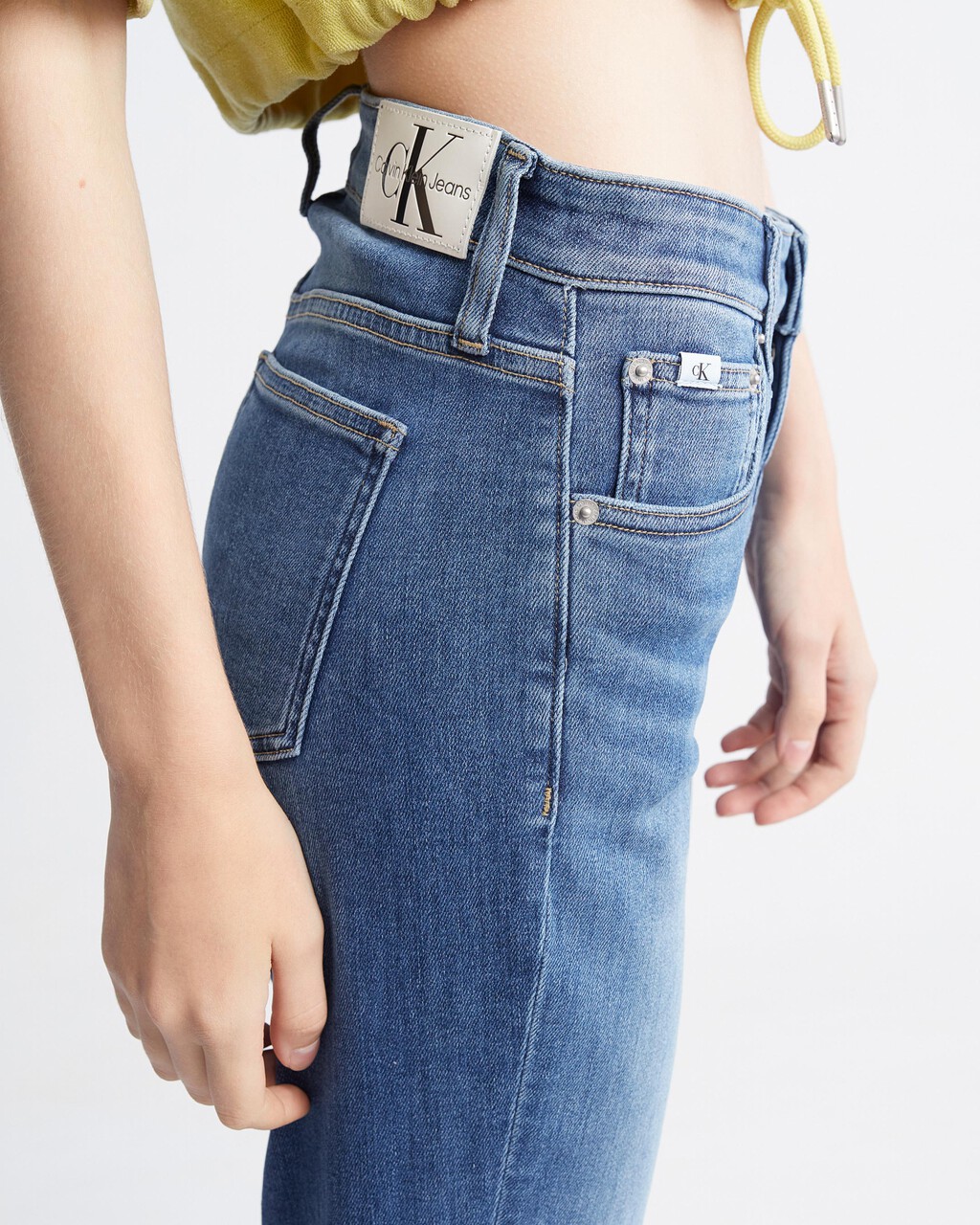 Italian Denim High Rise Slim Straight Jeans, Med Blue Side Emboss, hi-res