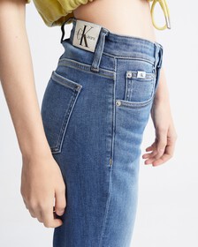 Italian Denim High Rise Slim Straight Jeans, Med Blue Side Emboss, hi-res