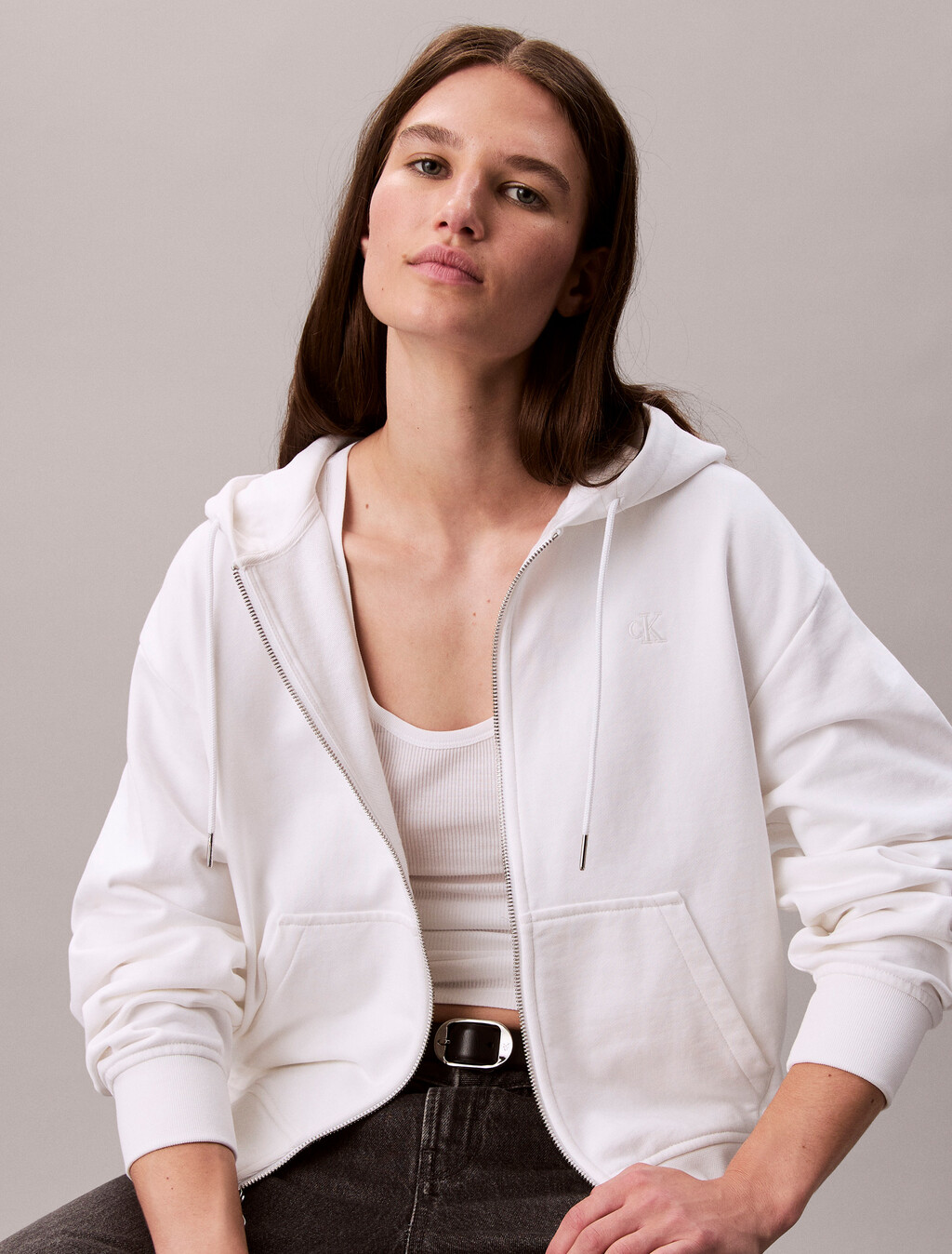 Cotton Terry Zip Up Hoodie, Brilliant White, hi-res
