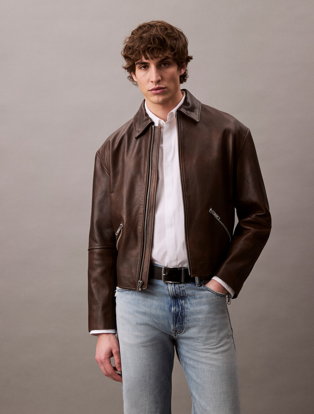 Leather Cropped Biker Jacket, Dusty Umber, hi-res