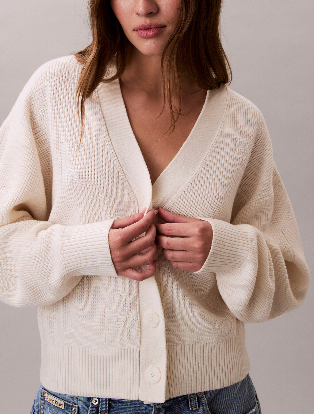 CK Emblem Knit Cardigan, Ivory, hi-res