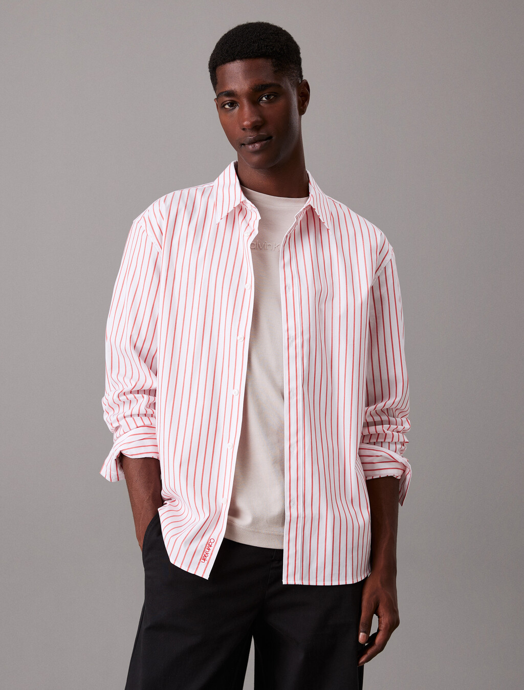 Relaxed Striped Shirt, Red Alert, hi-res