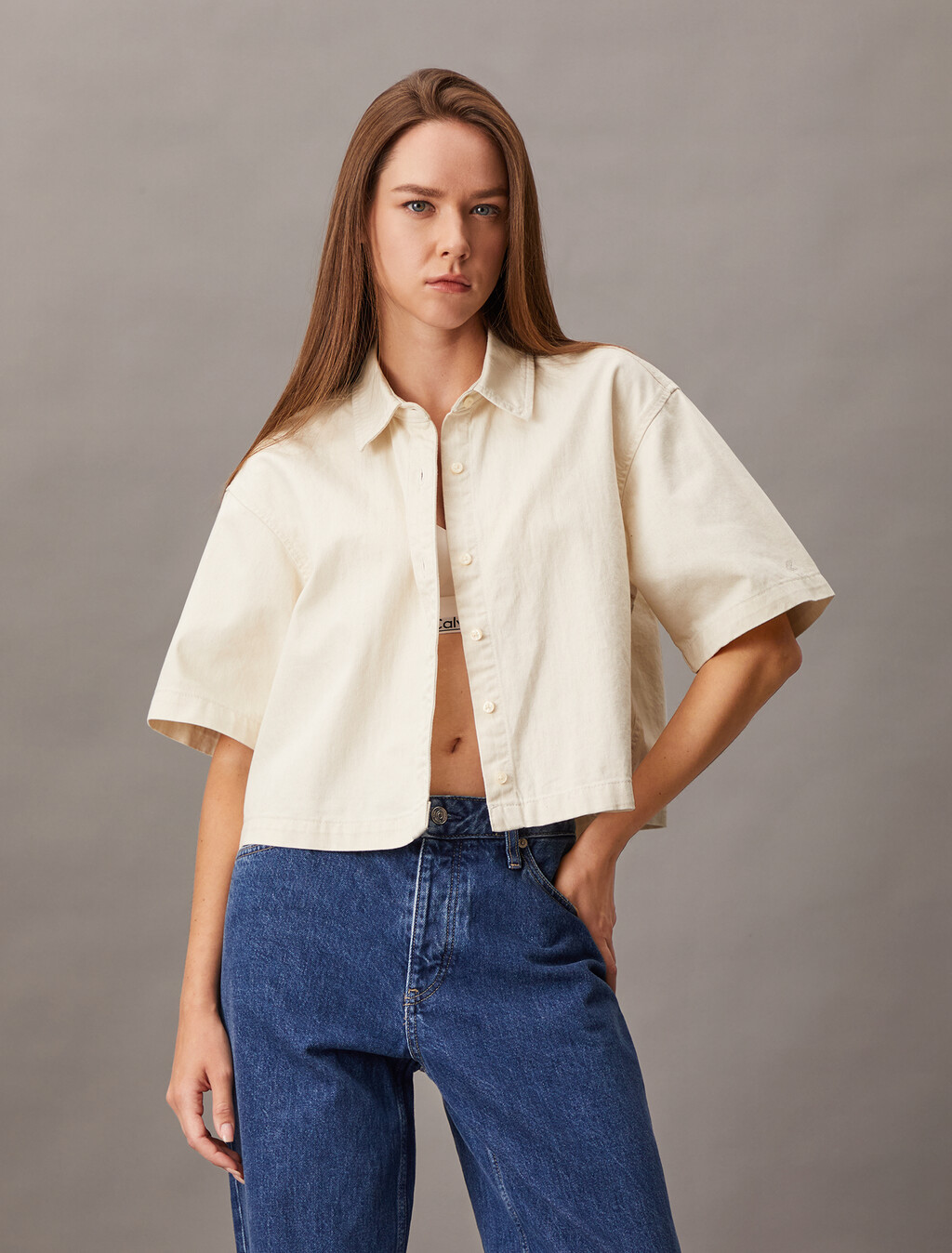 Denim Short Sleeve Cropped Shirt, CHALK WHITE, hi-res