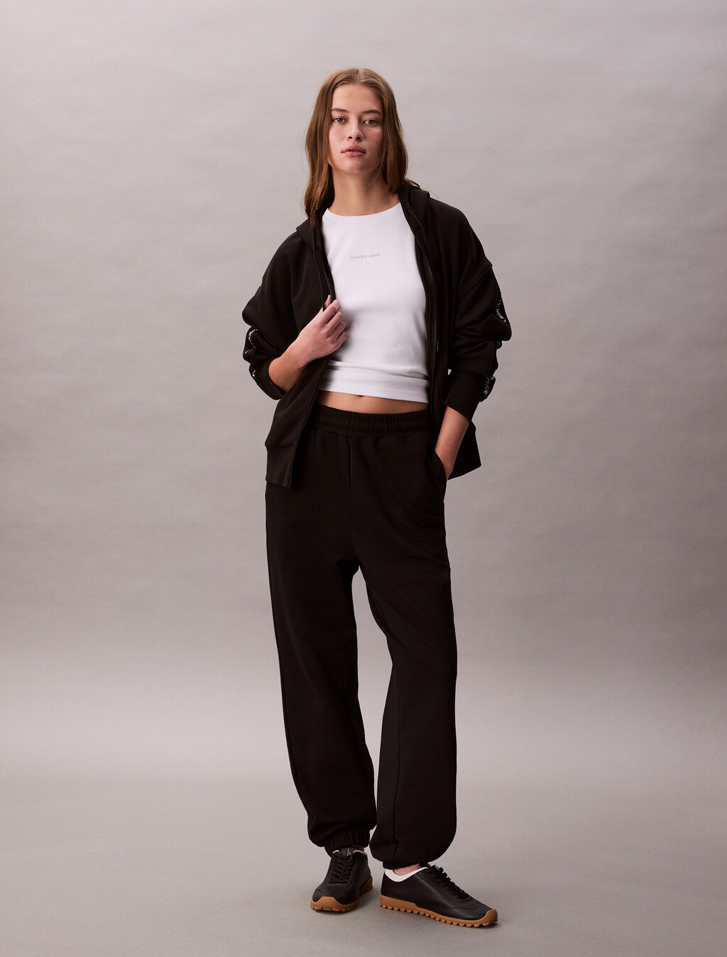 Logo Tape Terry Zip Thru Hoodie, Black, hi-res