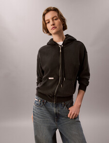 Washed Cotton Terry Zip Through Hoodie, Black, hi-res