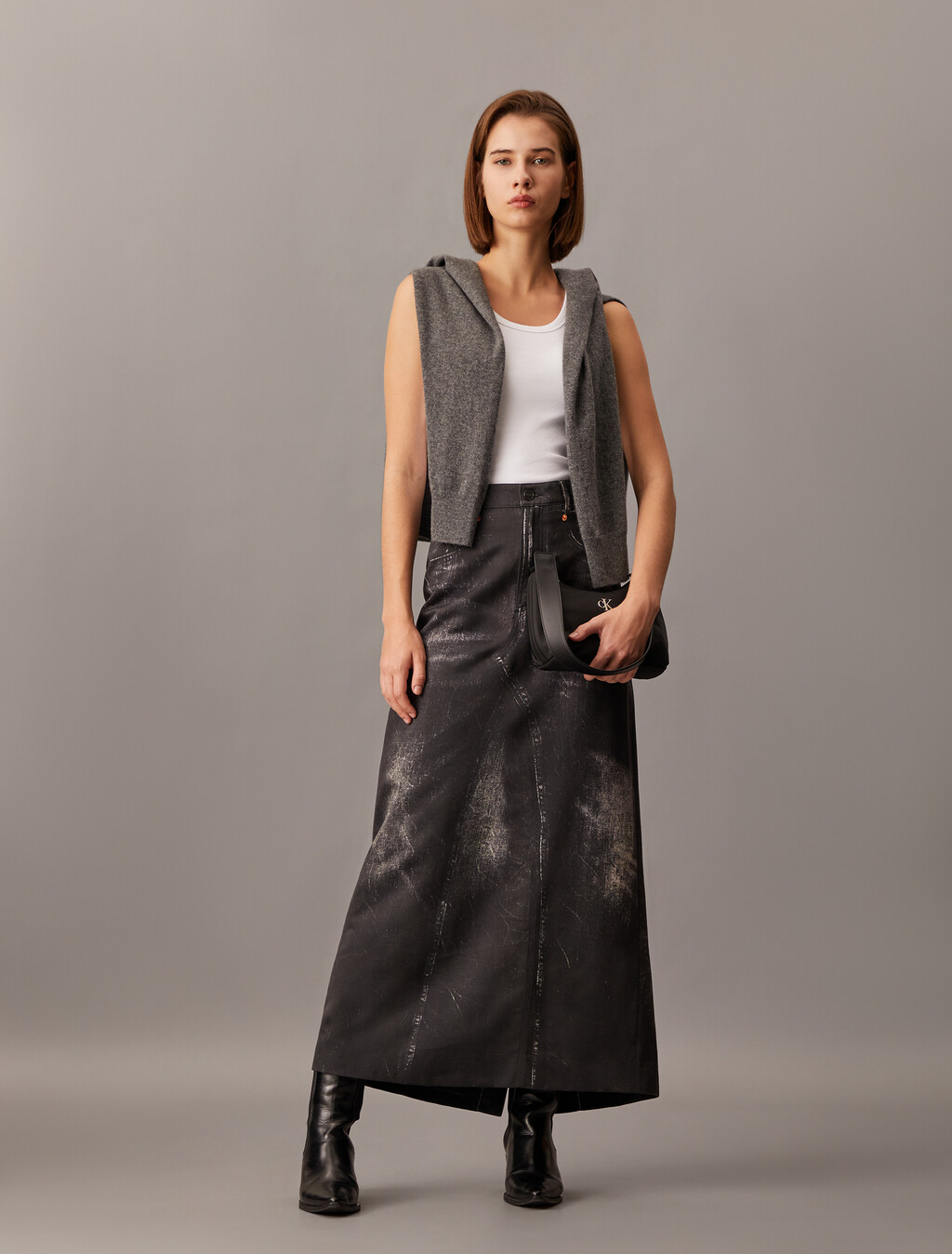 Halo Trompe L'oeil Denim Tailored Skirt, BLACK DENIM PRINT, hi-res