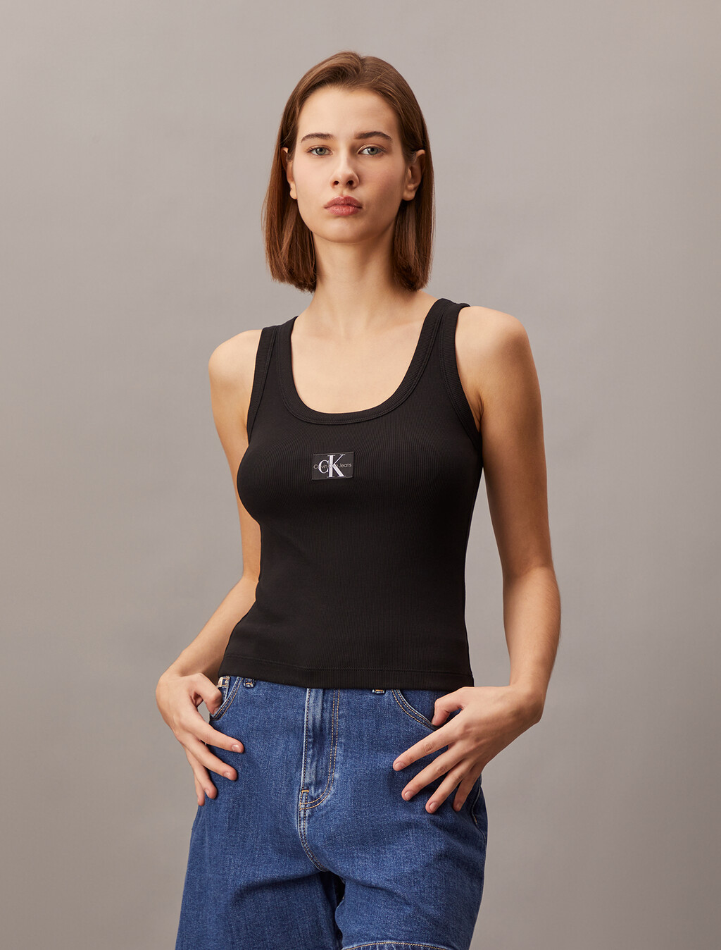 Body Stretch Rib Knit Tank Top, Ck Black, hi-res