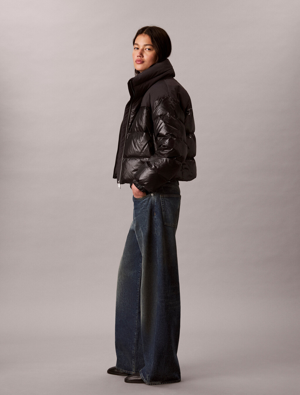 Matte Shine Down Puffer Jacket, Black, hi-res