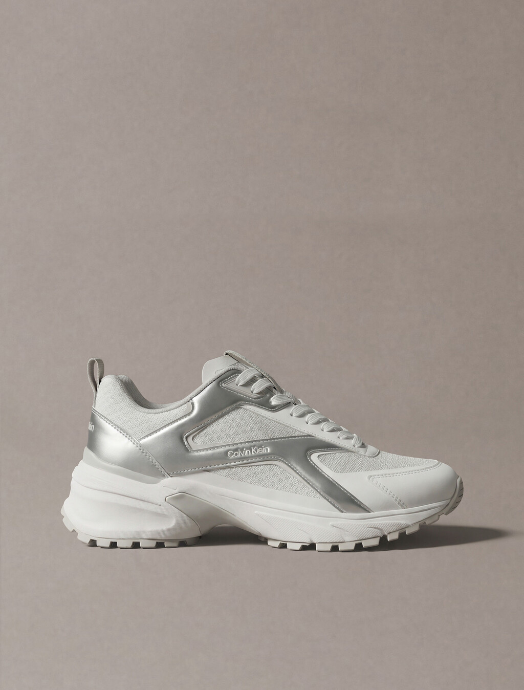 Knit and Metallic Runner Trainers, Bright White/Silver/Light Grey, hi-res