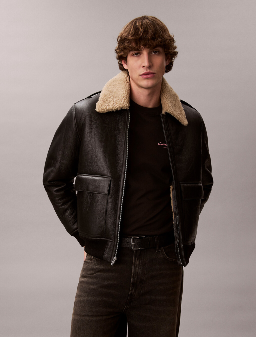 Shearling Leather Flight Jacket, Black / Natural, hi-res