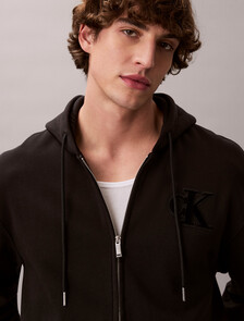 Velvet Monogram Zip Thru Hoodie, Black, hi-res