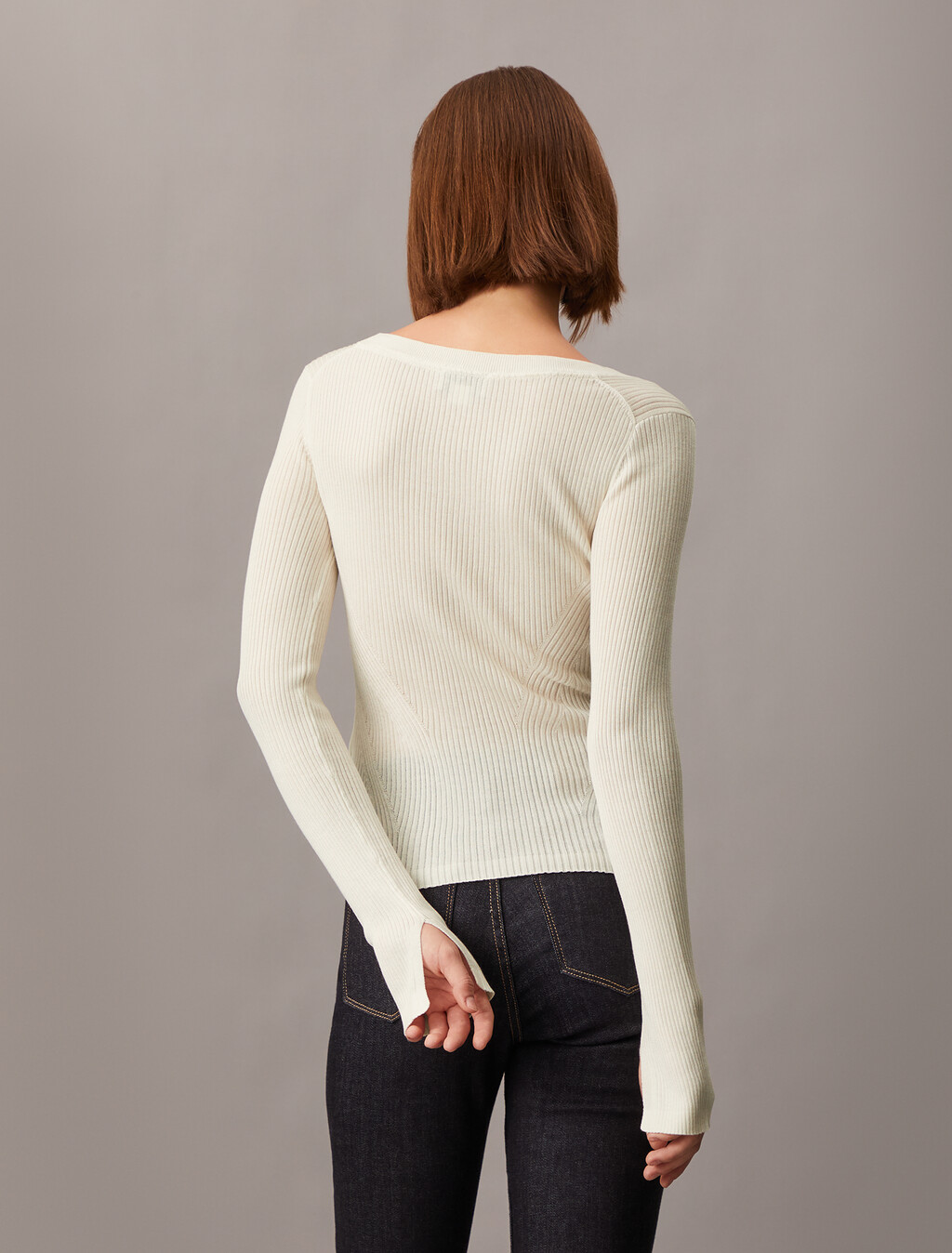 Rib Knit Slim Knit Top, Ivory, hi-res