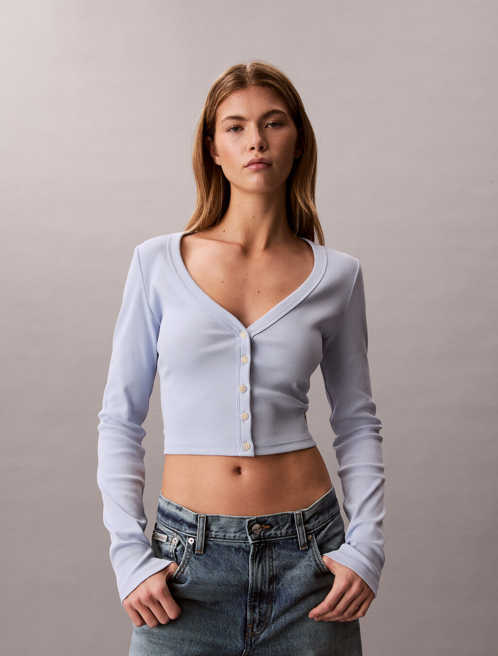 Cropped Ribbed Cotton Cardigan, Breezy Blue, hi-res