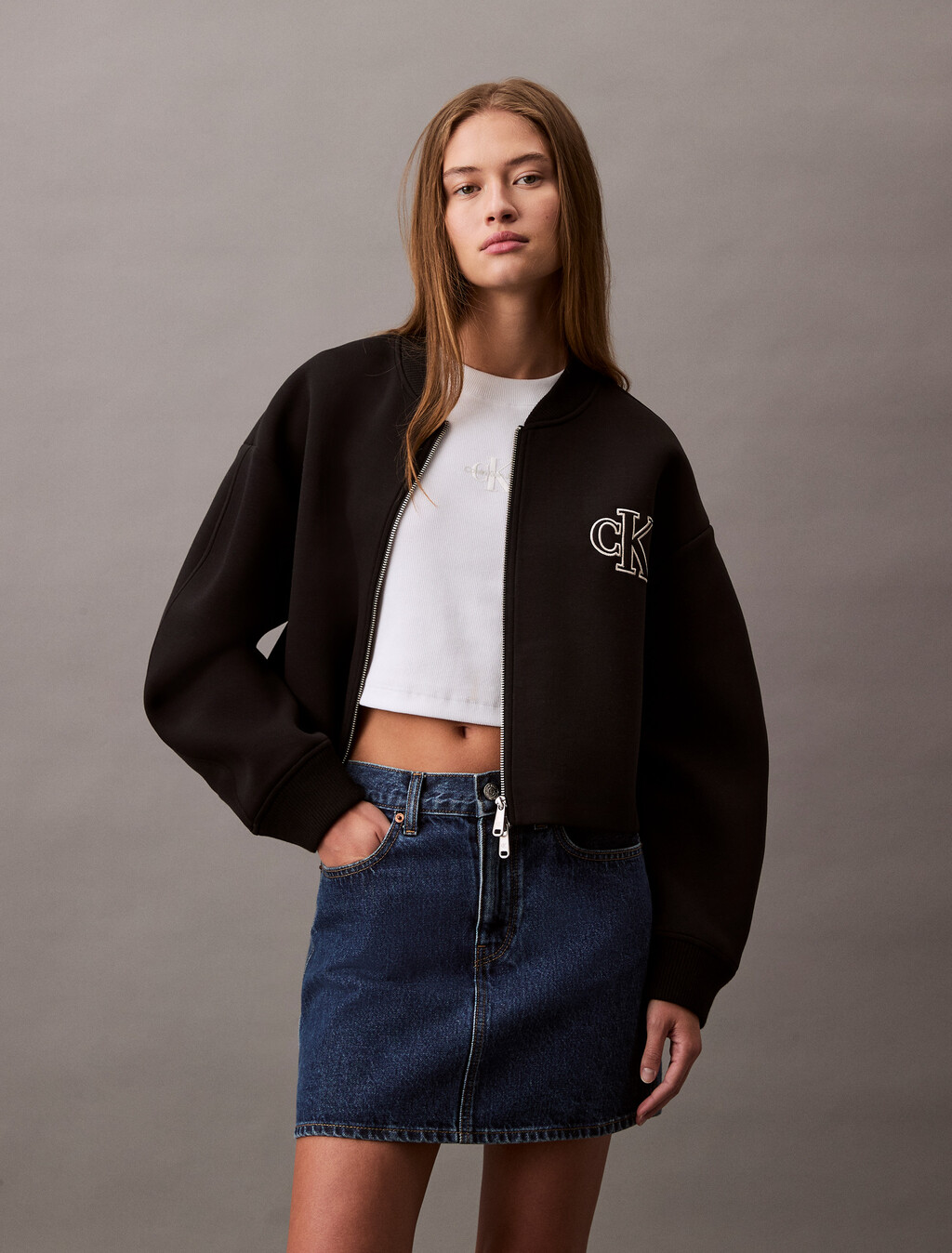 Oversized  Zip Bomber Jacket, Black, hi-res