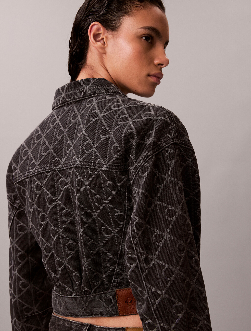 CK Emblem Cropped Denim Trucker Jacket, BLACK EMBLEM, hi-res