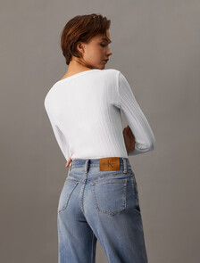 Boat Neck Rib Knit Slim Top, Bright White, hi-res