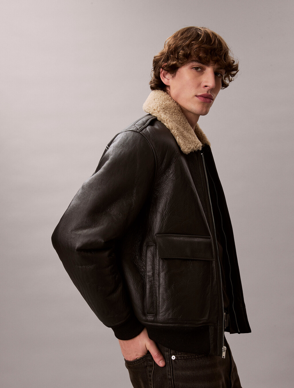 Shearling Leather Flight Jacket, Black / Natural, hi-res