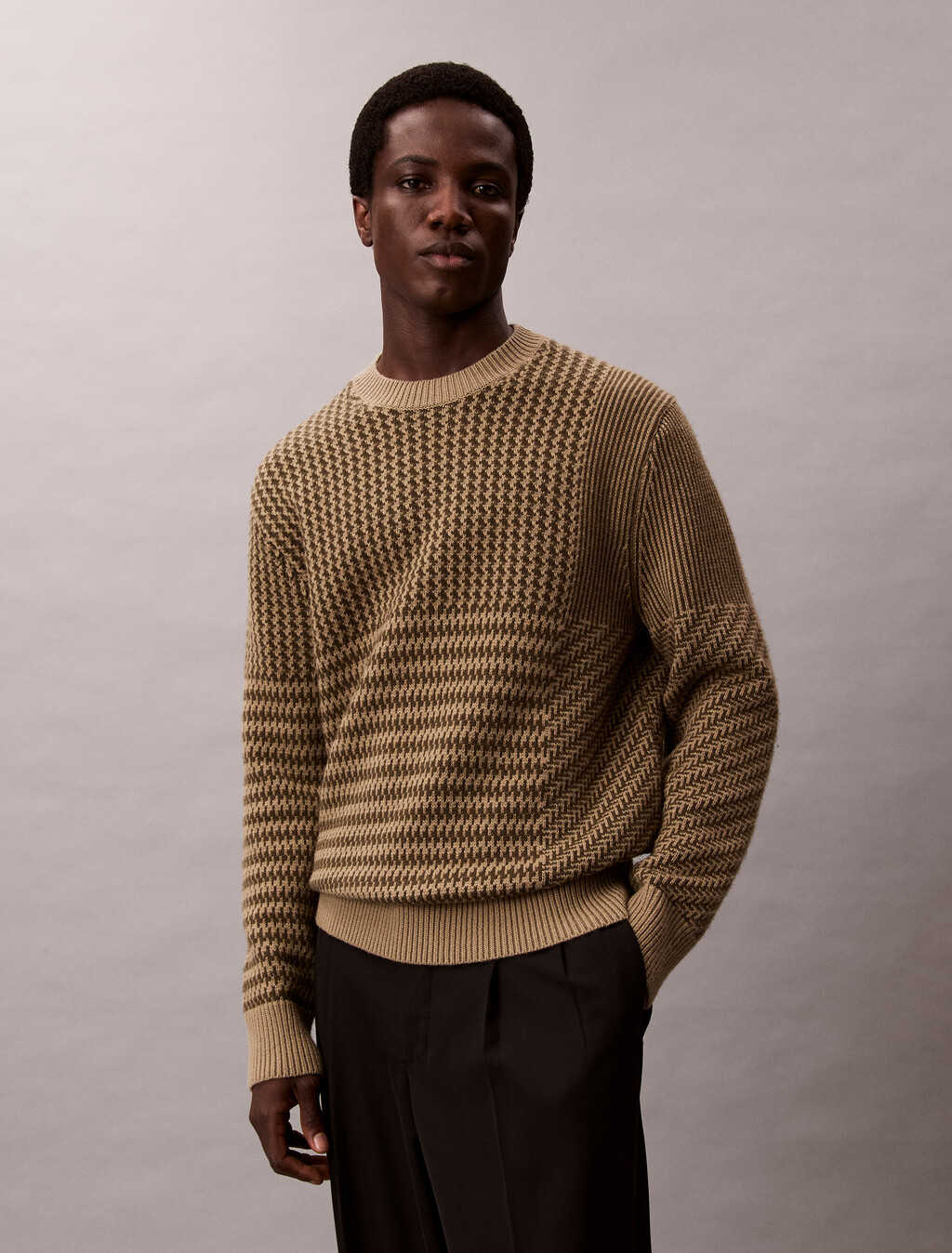 Wool Blend Patterned Crewneck Jumper, Smokey Olive, hi-res