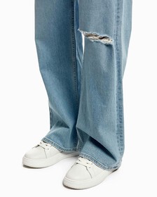 LIGHT WASH HIGH RISE WIDE LEG DISTRESSED JEANS, Light Blue Dstr Back Embro, hi-res