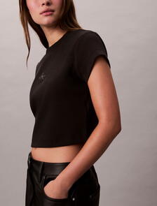 Slim Cropped Monogram T-shirt, Black, hi-res
