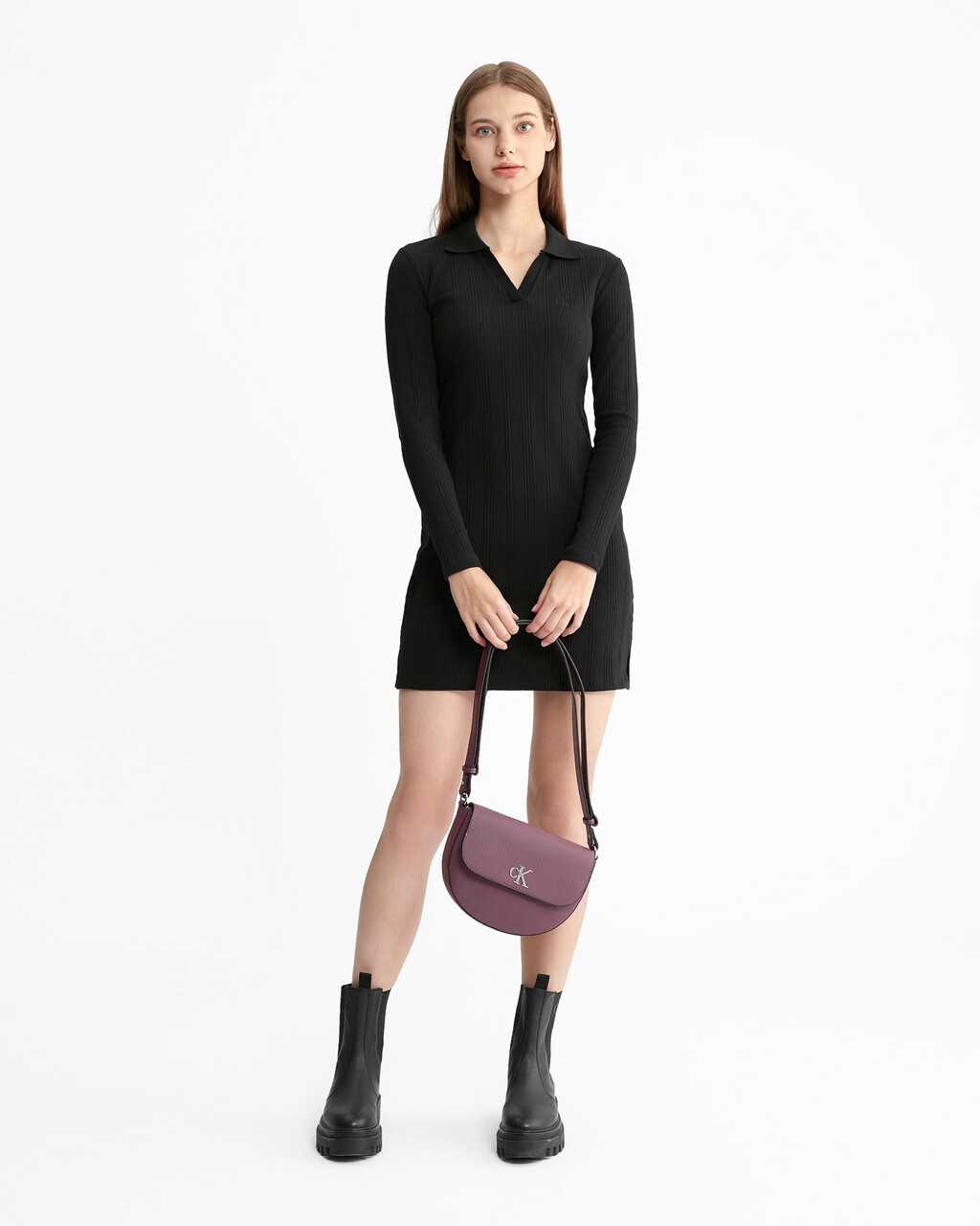 Monologo Rib Knit Slim Polo Dress, Ck Black, hi-res