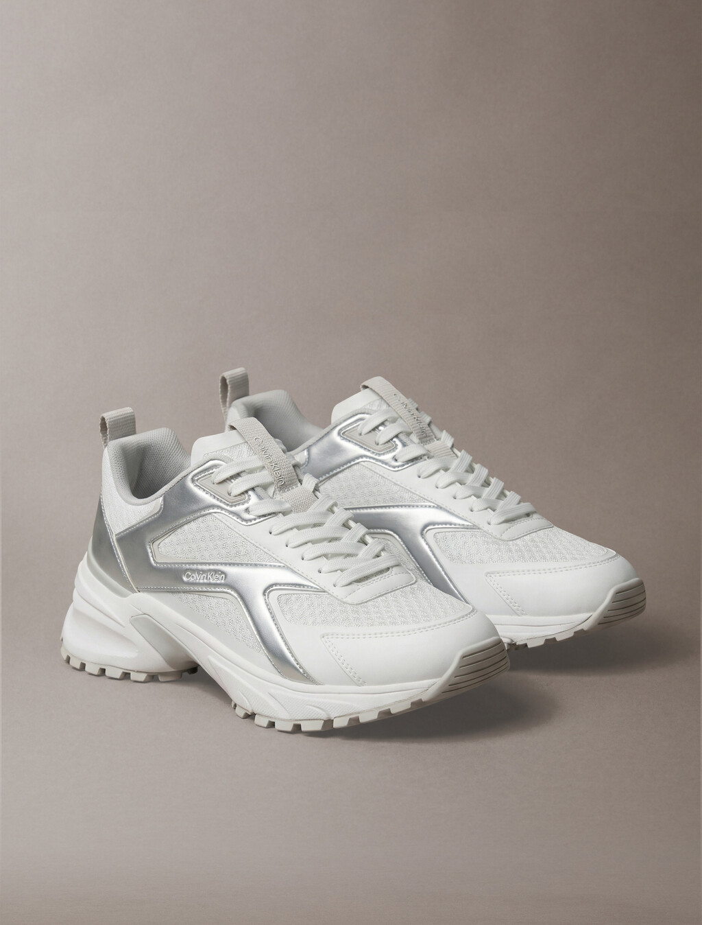 Knit and Metallic Runner Trainers, Bright White/Silver/Light Grey, hi-res