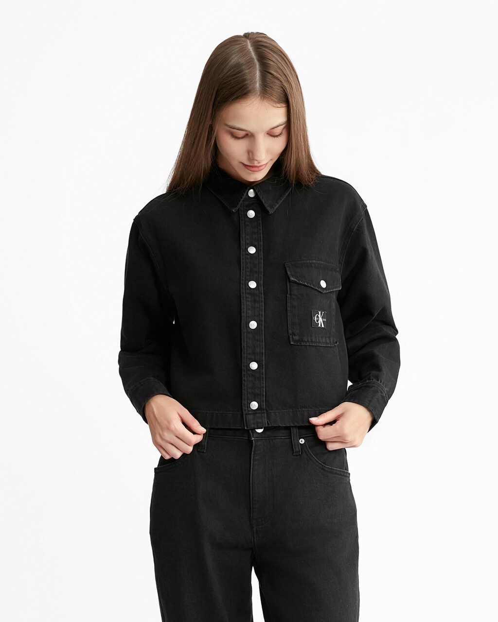 Cropped Dad Denim Shirt, Denim Black, hi-res