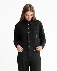 Cropped Dad Denim Shirt, Denim Black, hi-res