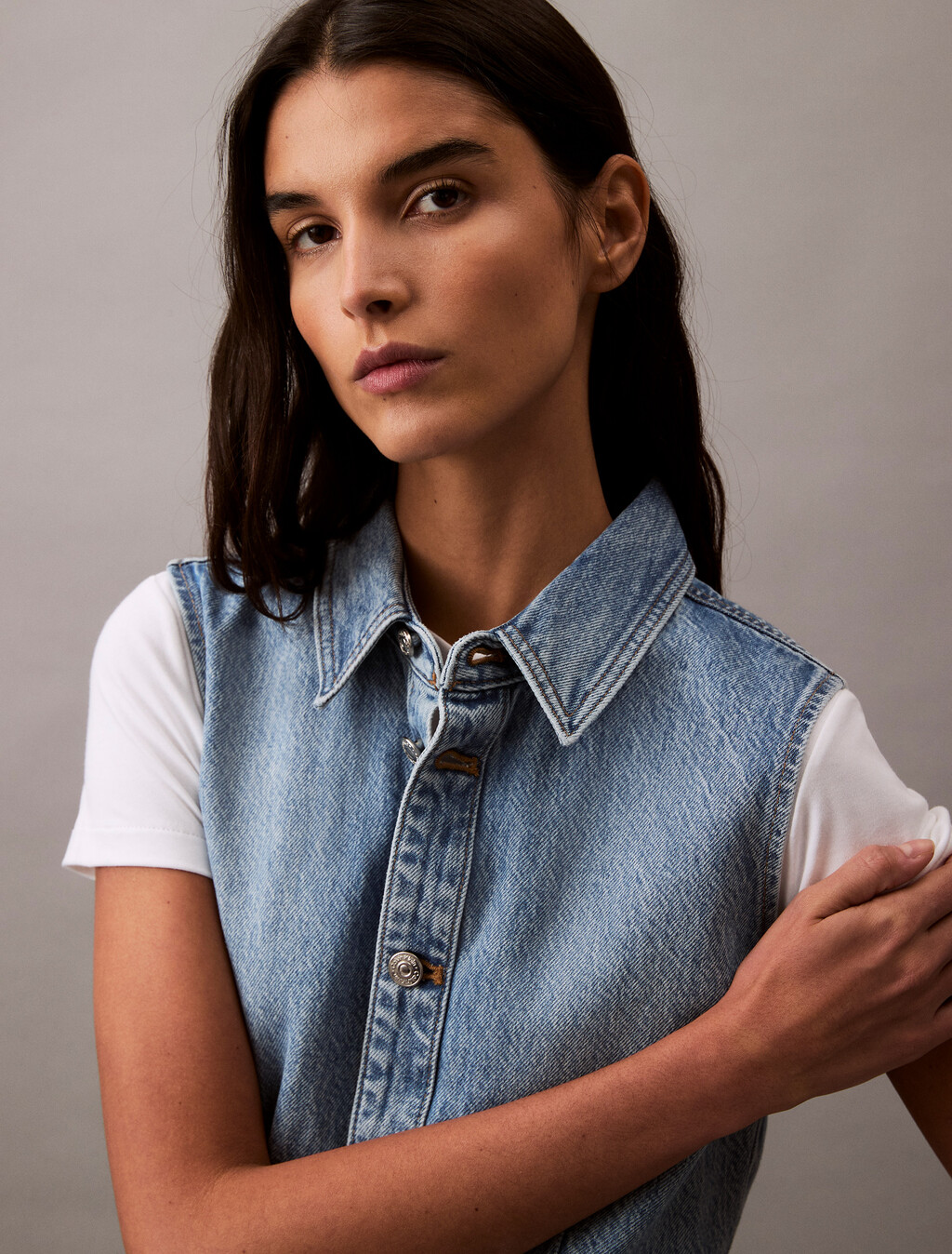 Sleeveless Denim Mini Dress, SAGE STONE, hi-res