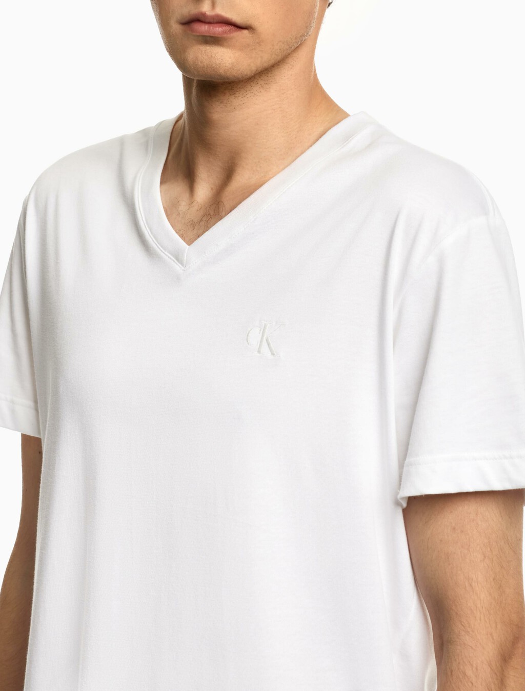 Solid V Neck CK Logo Tee, Bright White, hi-res