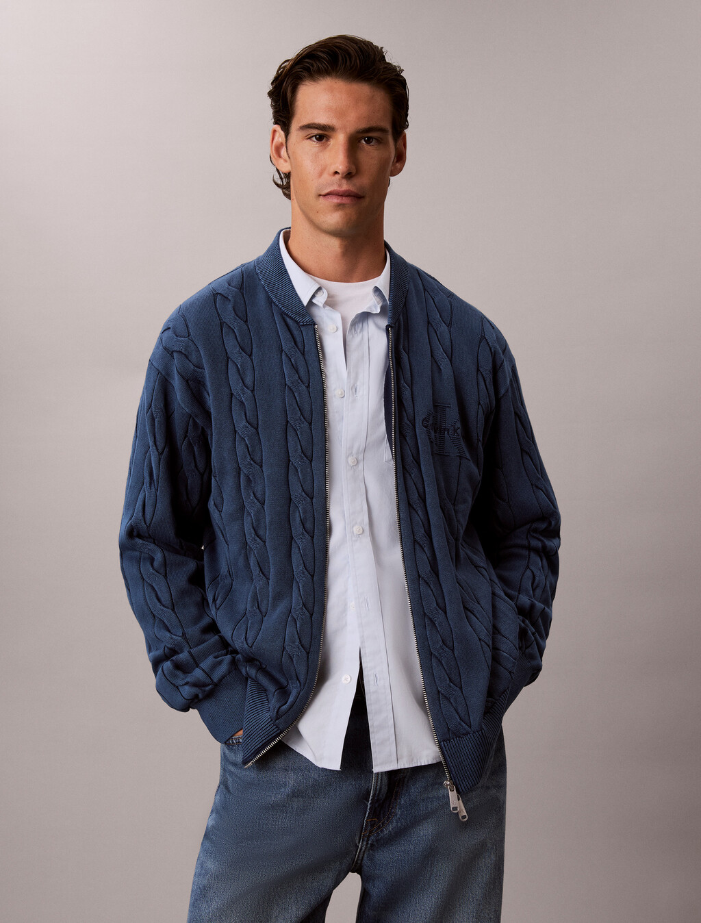 Garment Dye Cable Knit Jacket, Pageant Blue, hi-res