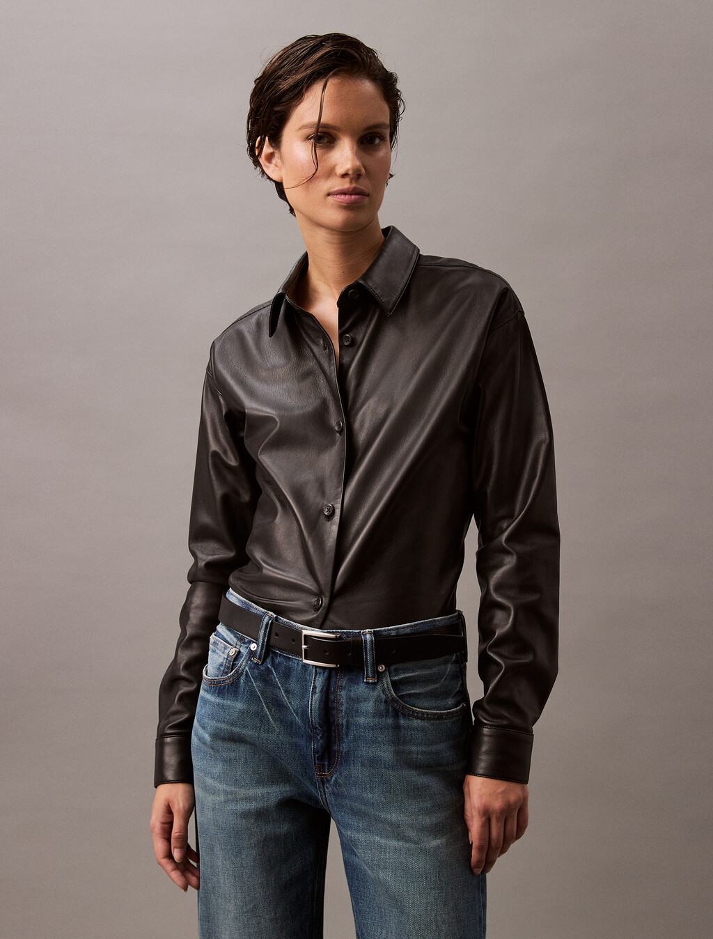 Nappa Leather Shirt, Black Beauty, hi-res