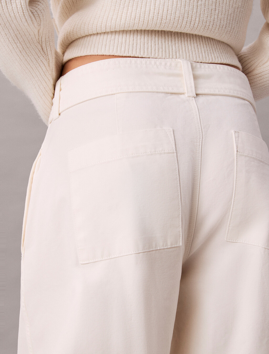 Cotton Relaxed Belted Pants, White Greige, hi-res