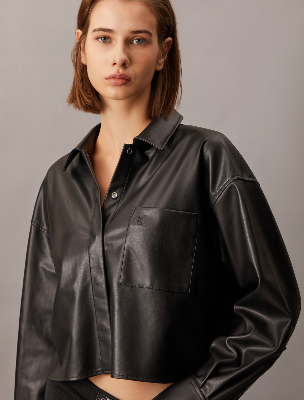 Faux Leather Cropped Shirt, Ck Black, hi-res