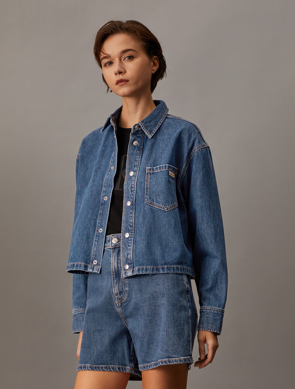 Sustainable Cropped Denim Shirt, Denim Medium, hi-res