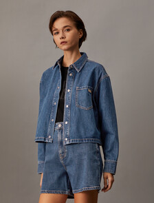 Sustainable Cropped Denim Shirt, Denim Medium, hi-res