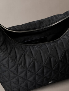 Quilted Emblem Nylon Shoulder Bag, Black, hi-res