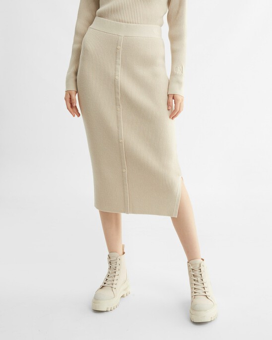 Wool Blend Button-Up Midi Skirt