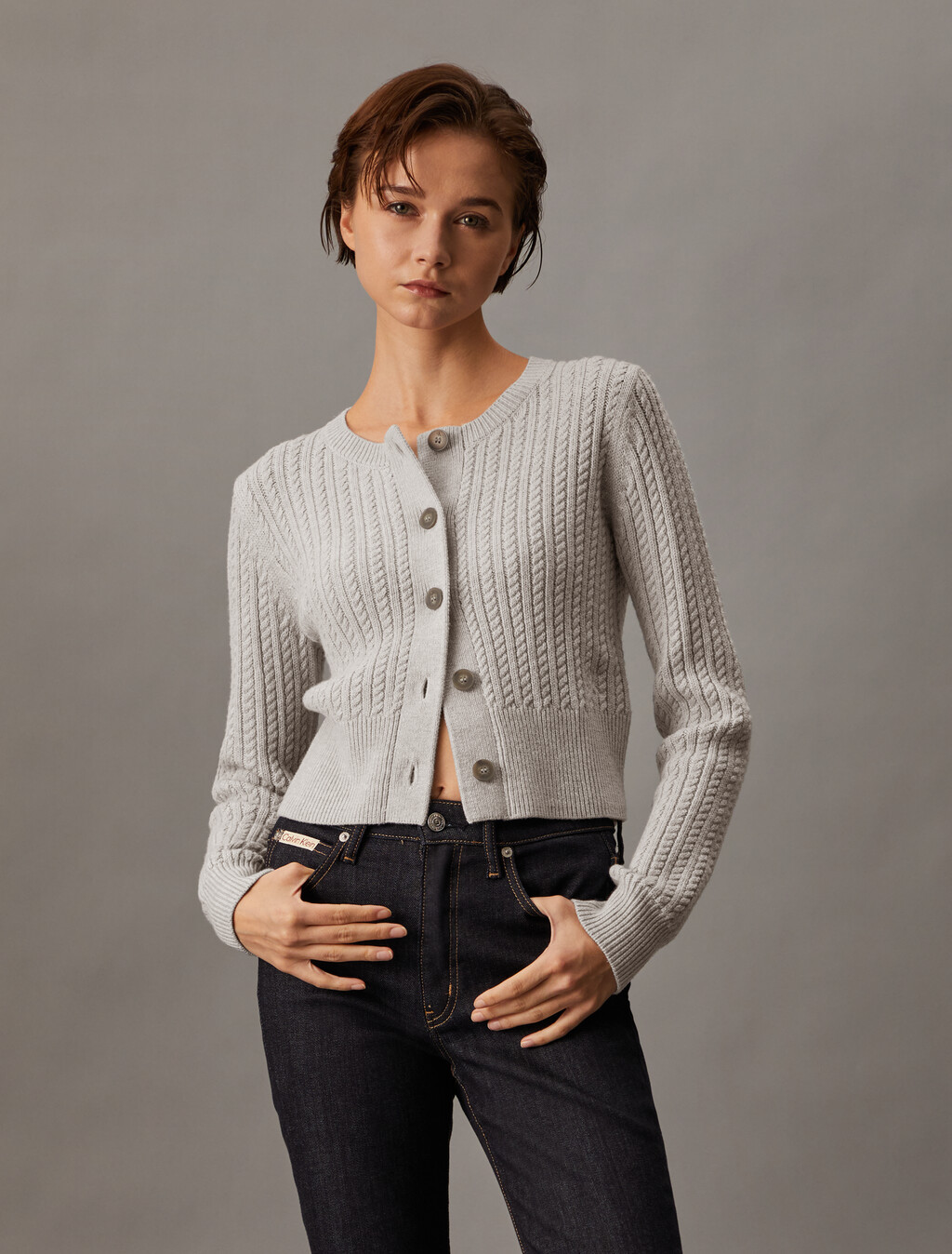 Cropped Cable Knit Cardigan, Light Grey Heather, hi-res