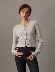 Cropped Cable Knit Cardigan, Light Grey Heather, hi-res