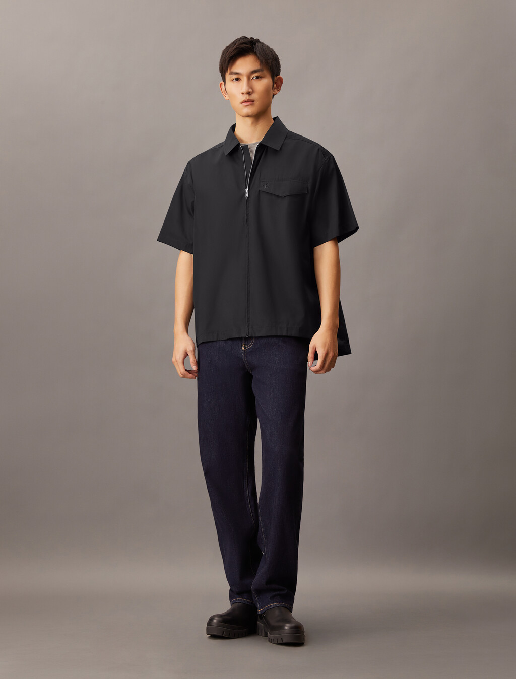 Zip Up Poplin Shirt, Ck Black, hi-res