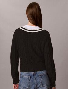 Cable Knit V-Neck Sweater, Black, hi-res