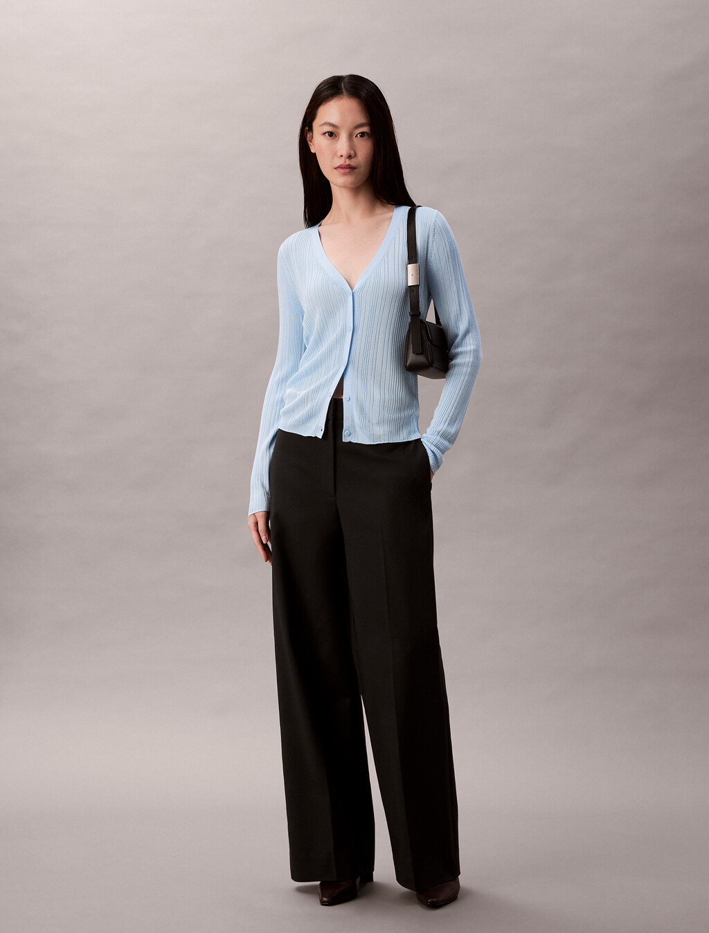 Shiny Viscose Rib Cardigan, Cool Blue, hi-res