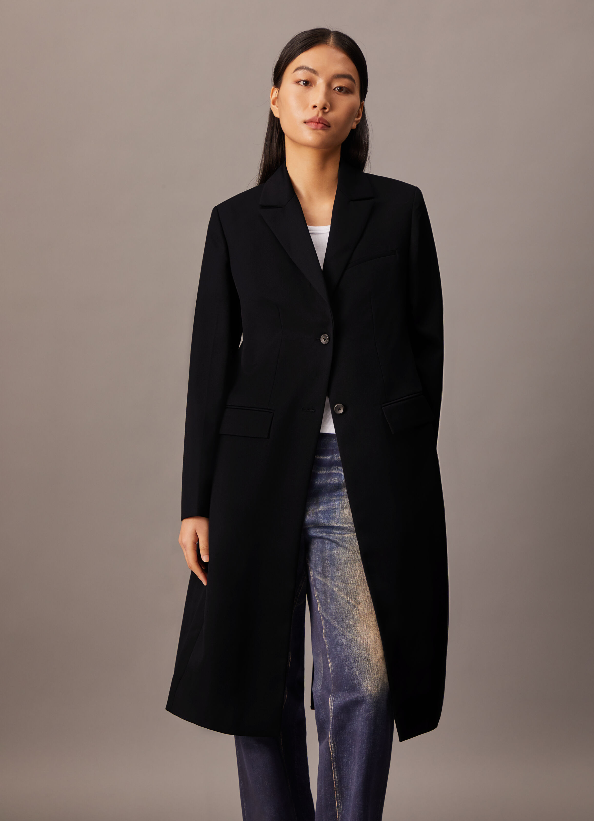 Crepe Wool Blend Single Breasted Overcoat black Calvin Klein Malaysia