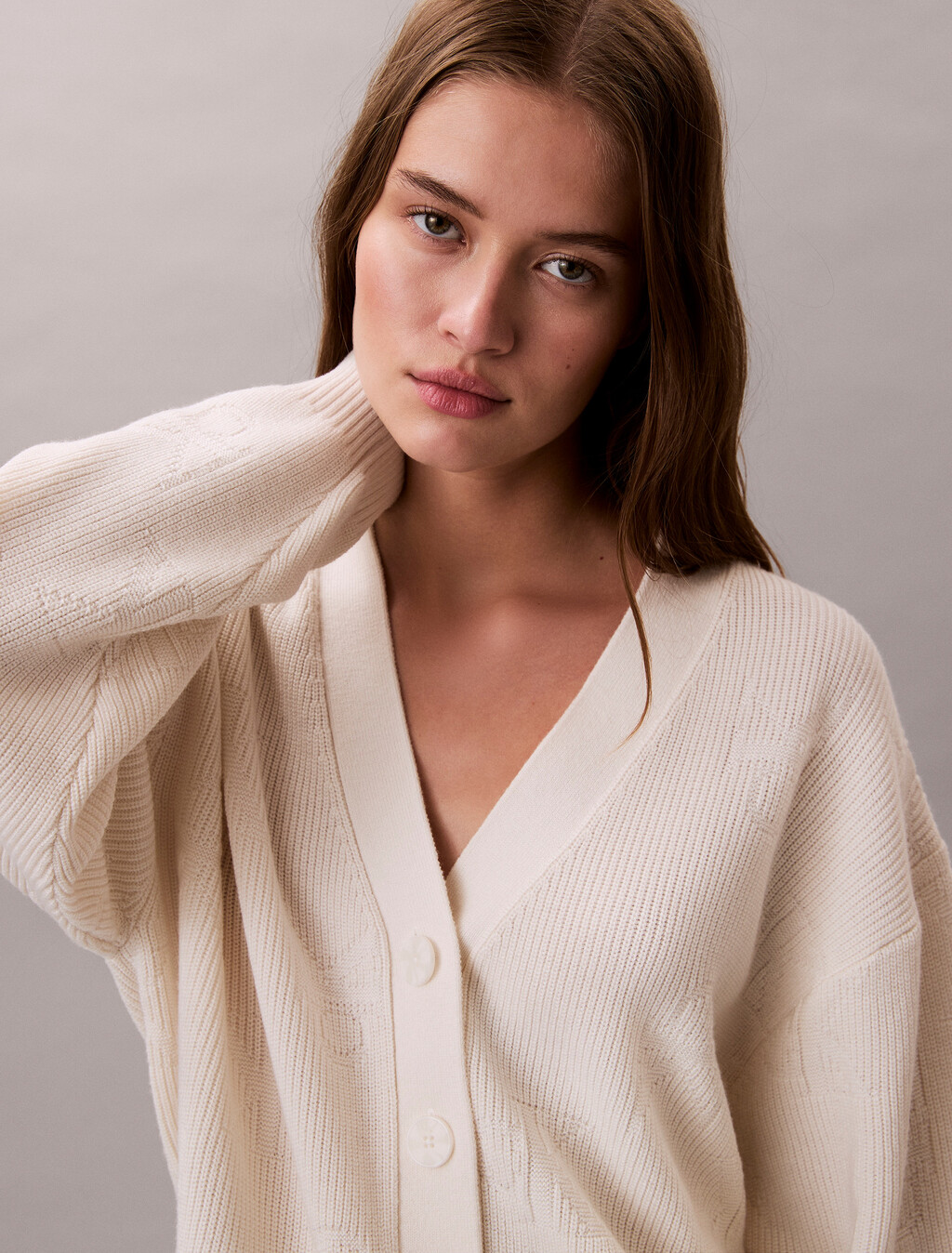 CK Emblem Knit Cardigan, Ivory, hi-res