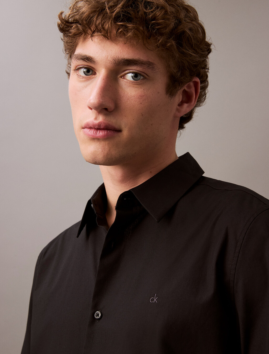 Stretch Cotton Slim Shirt, Black, hi-res