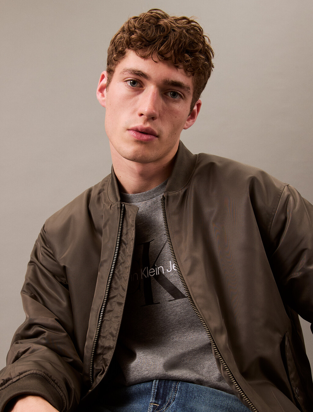 Padded Nylon Bomber Jacket, Beluga, hi-res