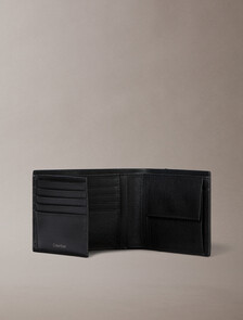 Leather RFID Emblem Logo Trifold Wallet, Black, hi-res